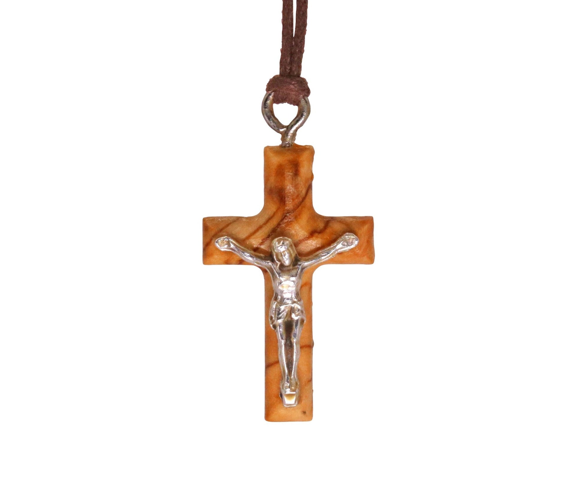 Minimalist Olive Wood Crucifix With Silver Christ Close Up