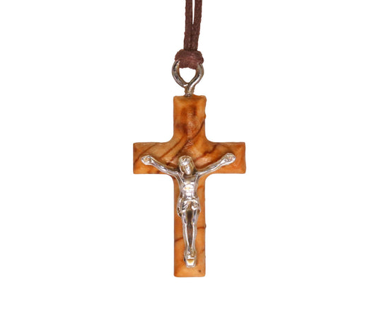 Minimalist Olive Wood Crucifix With Silver Christ Close Up