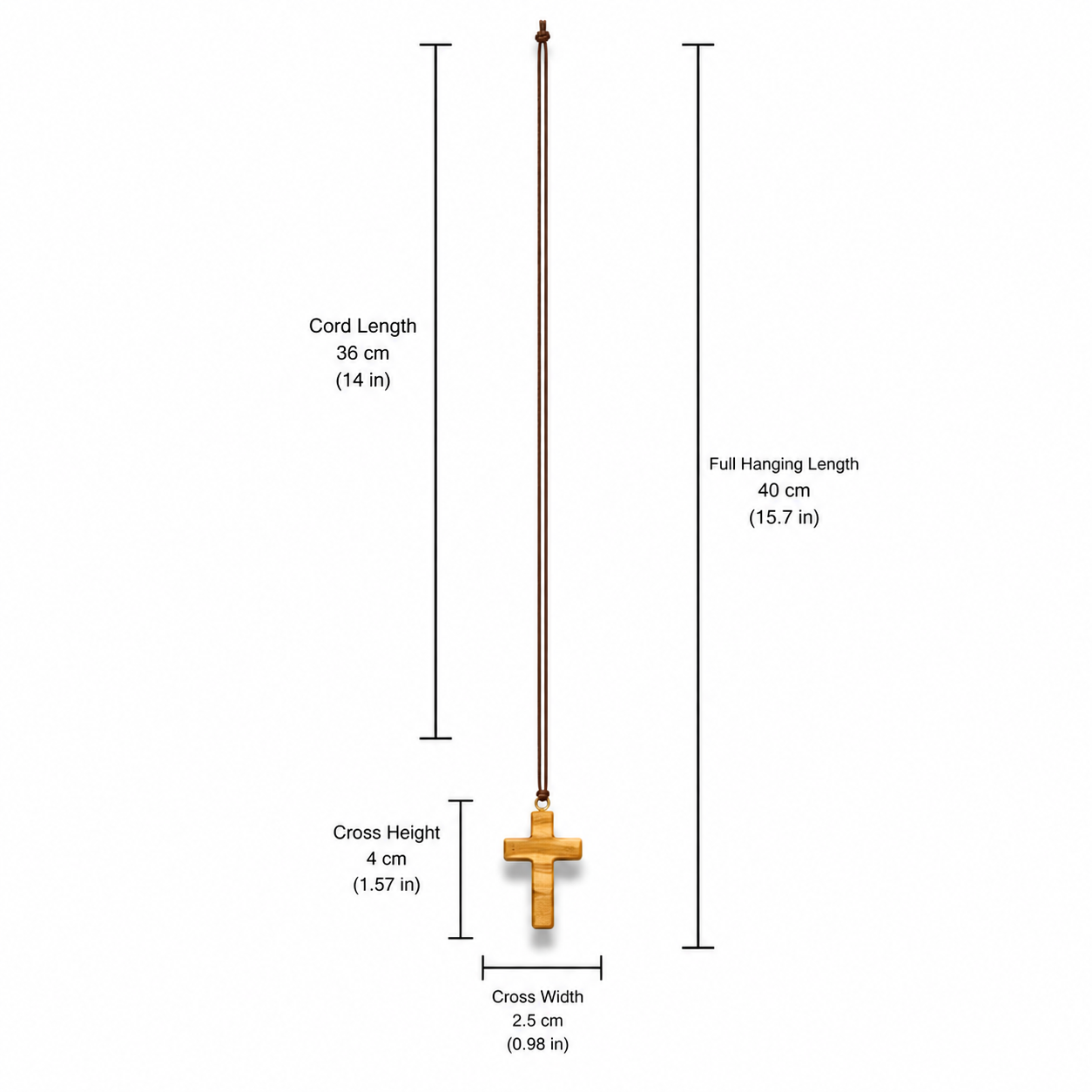 Minimalist olive wood cross necklace with measurements displayed