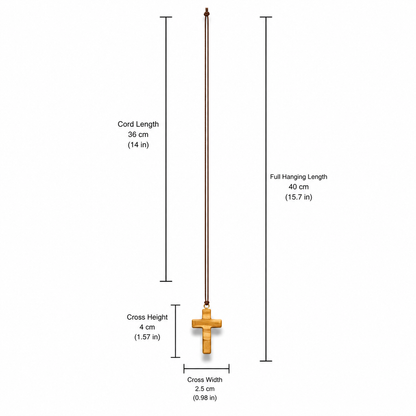 Minimalist olive wood cross necklace with measurements displayed