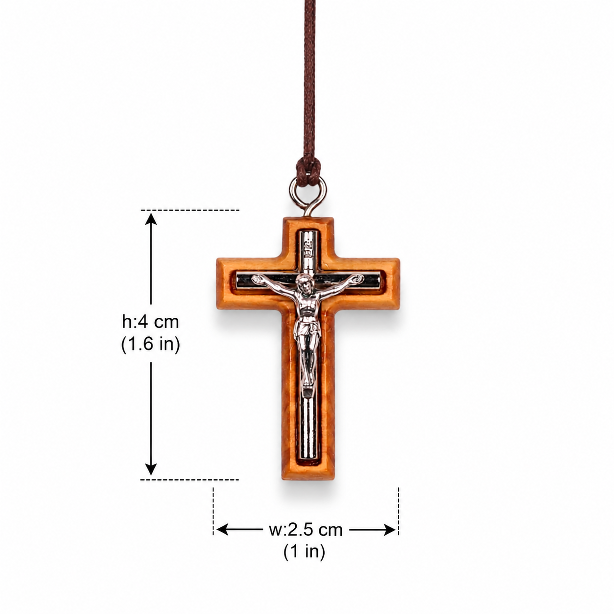 Wooden cross pendant with measurements on a white background