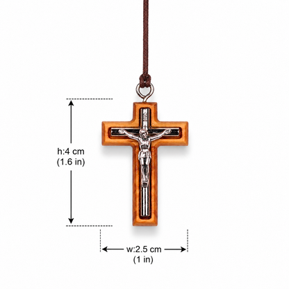 Wooden cross pendant with measurements on a white background