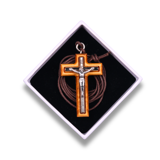 Monos Olive Wood Crucifix Necklace in gift box