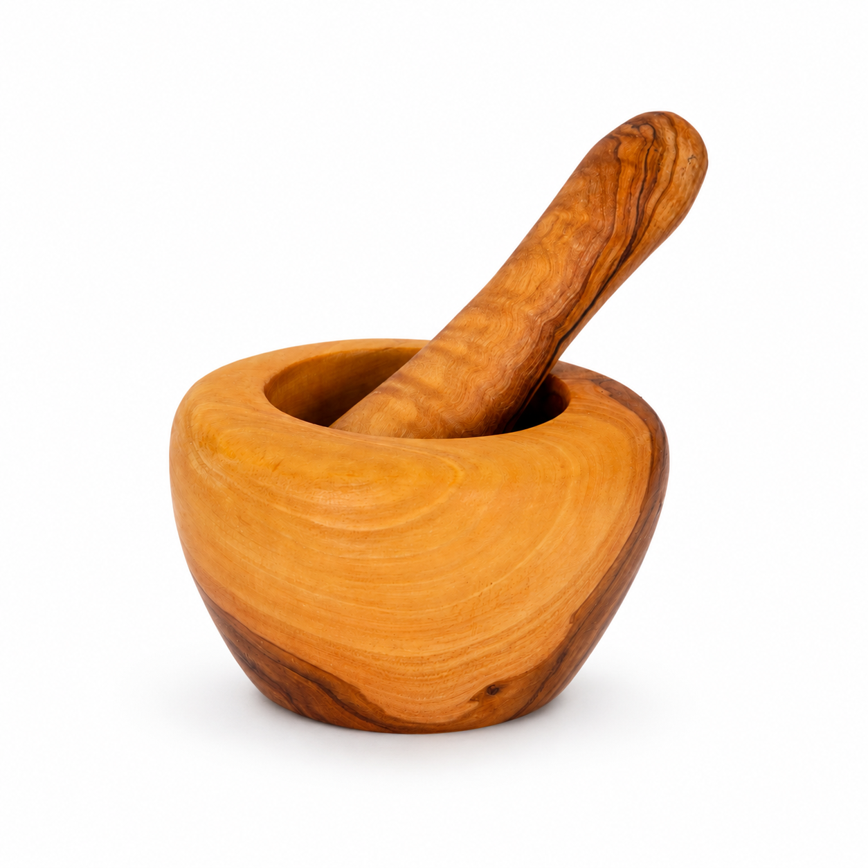 Wooden mortar and pestle on a white background
