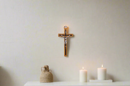 Nazareth Fair Trade Handmade Olive Wood And Metal Crucifix Hanging on Wall