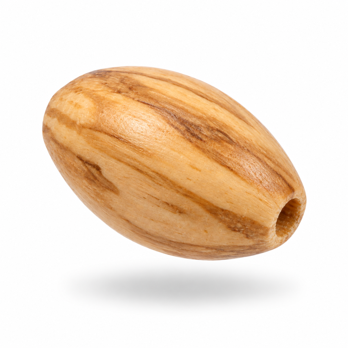 A single oval wooden bead with a smooth, polished finish and natural wood grain patterns, shown floating against a solid white background with a soft drop shadow below.