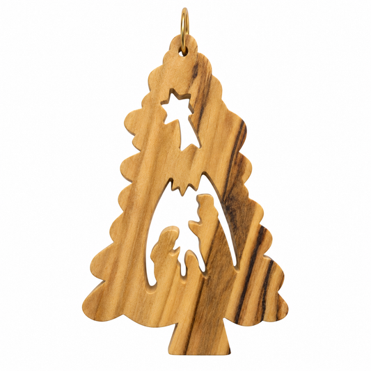 A natural olive wood Christmas tree ornament featuring a star at the top and a silhouette of the Holy Family in the center, shown on a plain white background.