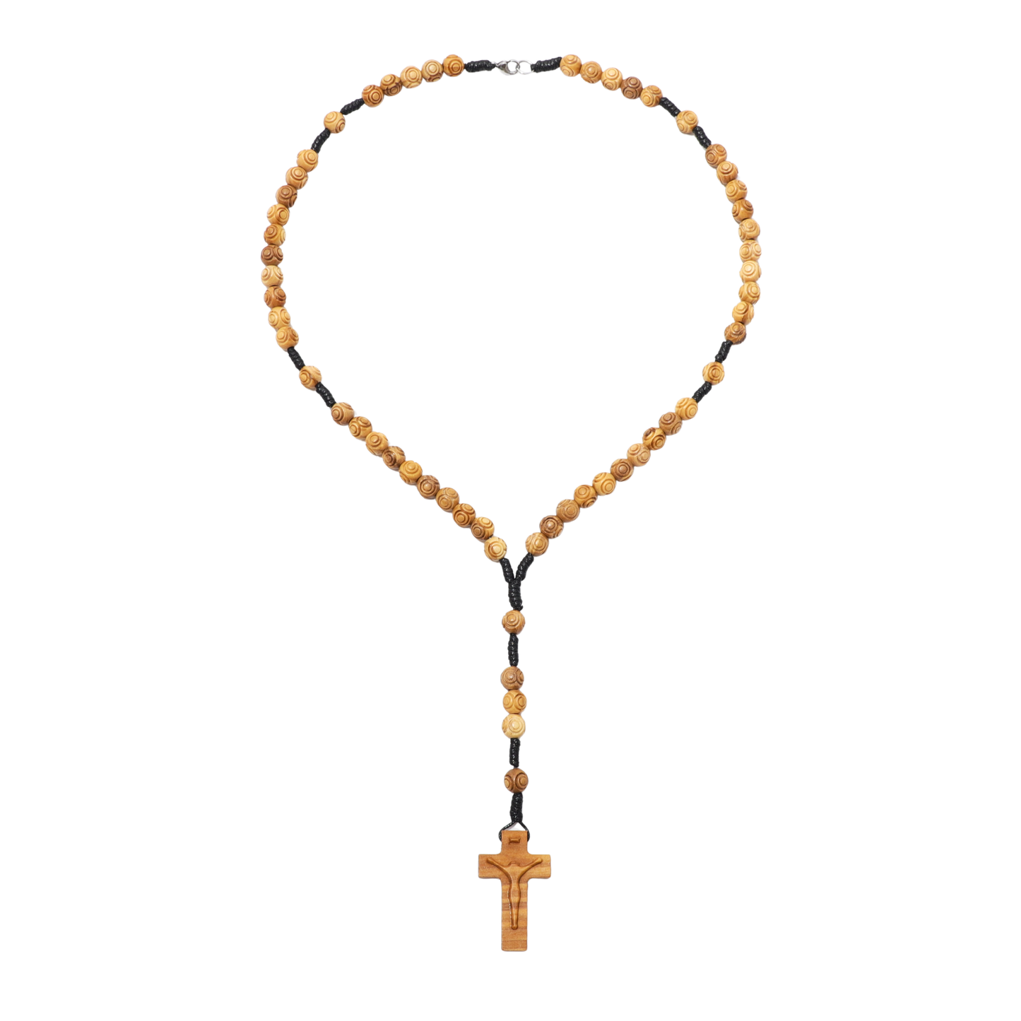 Olive Wood Rosary Necklace Engraved Beads - 8mm