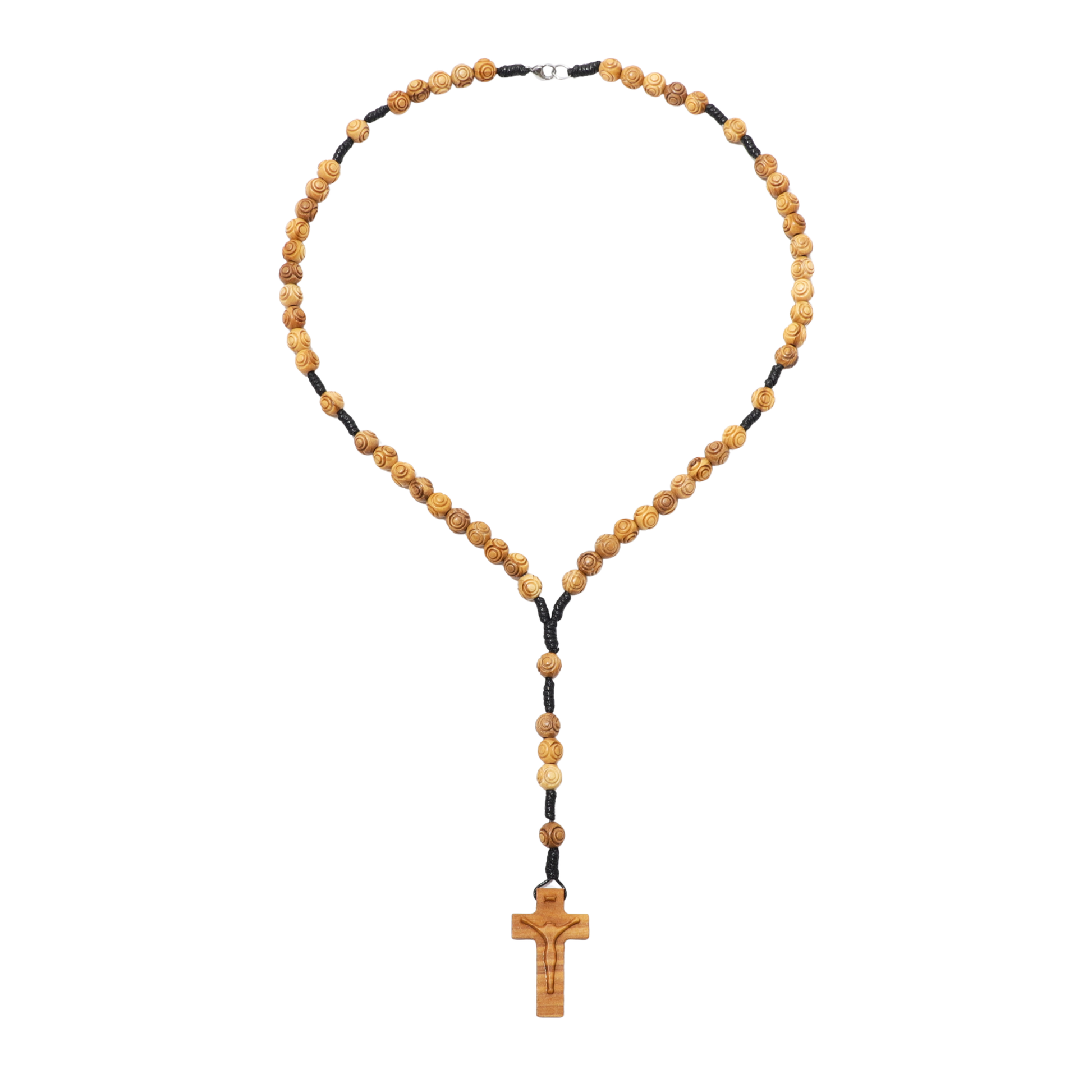 Olive Wood Rosary Necklace Engraved Beads - 8mm