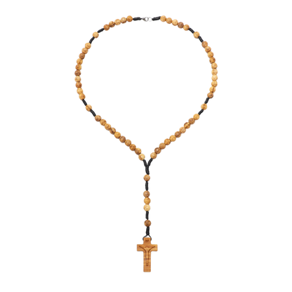 Olive Wood Rosary Necklace Engraved Beads - 8mm