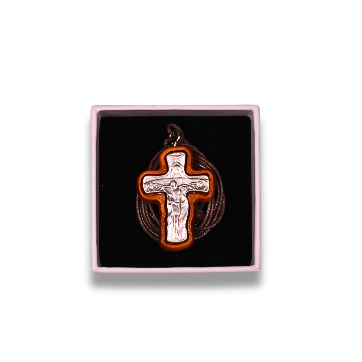 Ascetic Olive Wood Metal Crucifix Necklace in gift box
