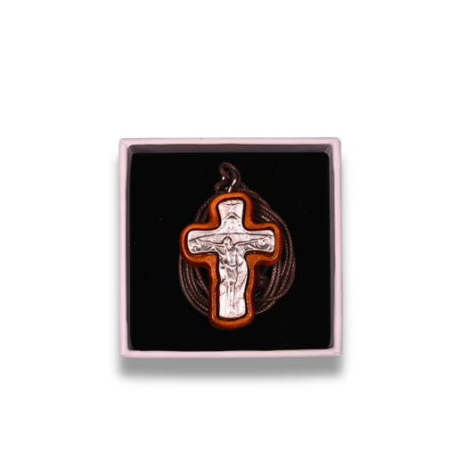 Ascetic Olive Wood Metal Crucifix Necklace in gift box