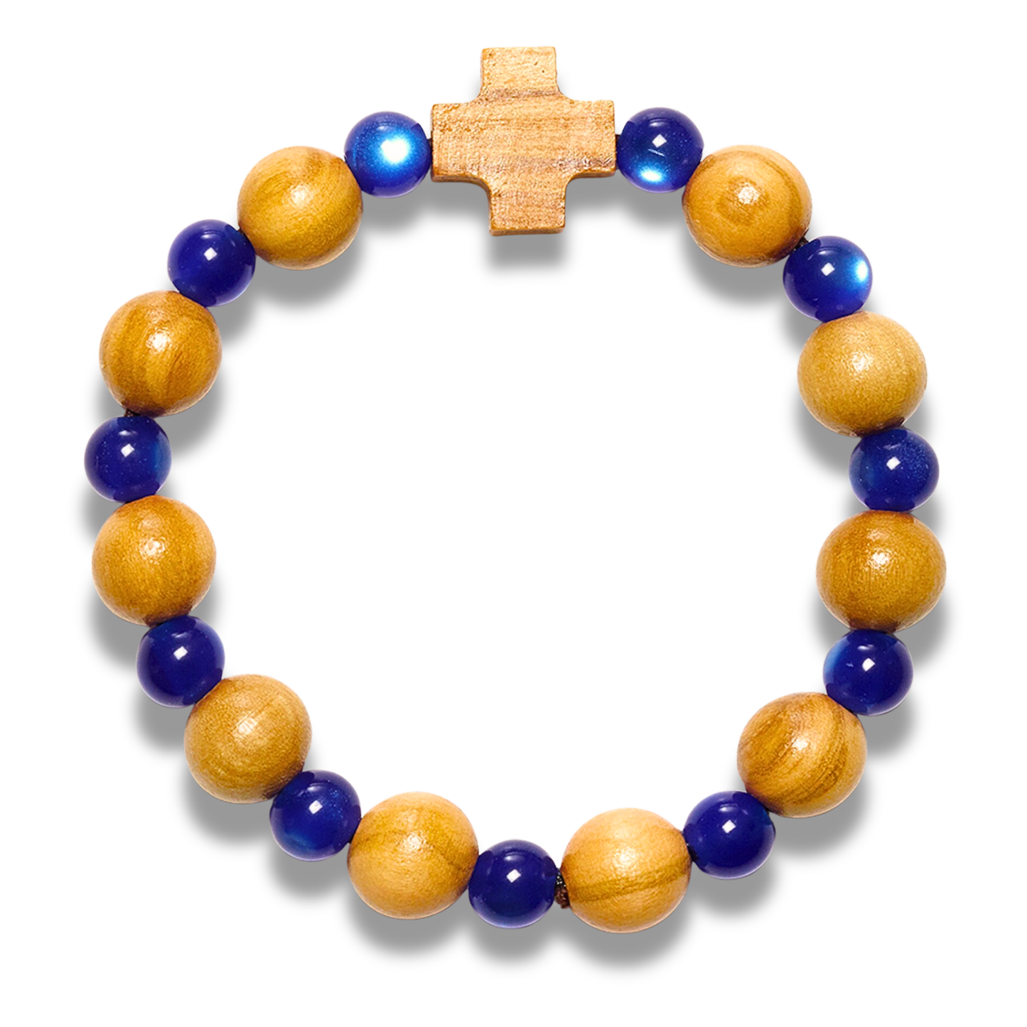 Olive Wood Beads Cross Bracelet blue