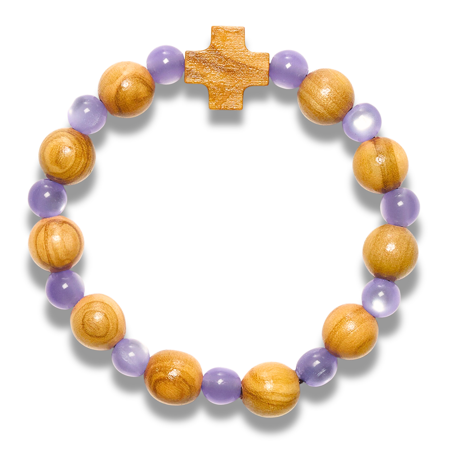 Bracelet with olive wood beads and a cross on a white background