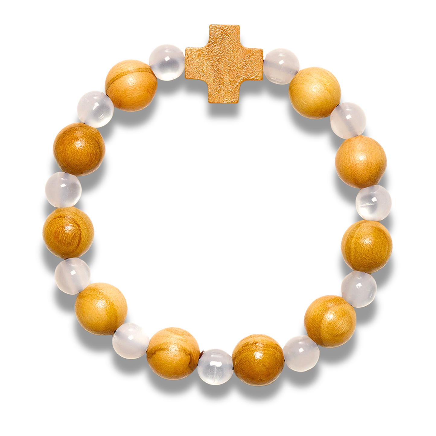 Olive Wood Beads Cross Bracelet white