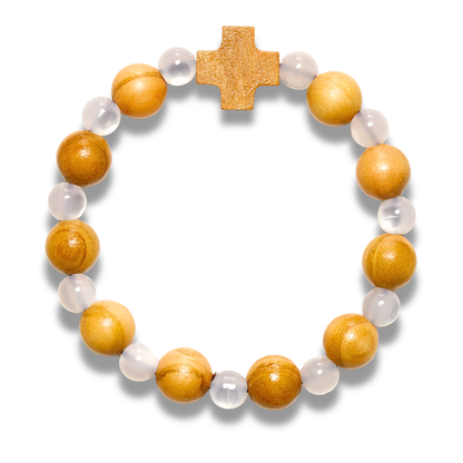 Olive Wood Beads Cross Bracelet white