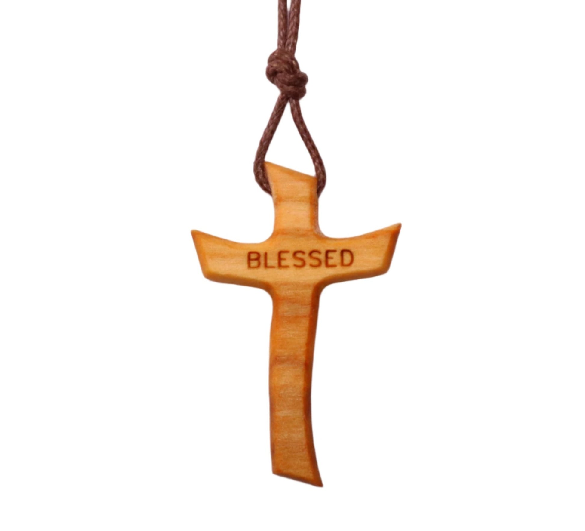 Olive Wood Blessed Cross Necklace Close Up