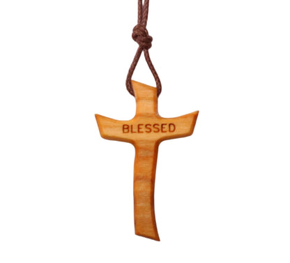 Olive Wood Blessed Cross Necklace Close Up