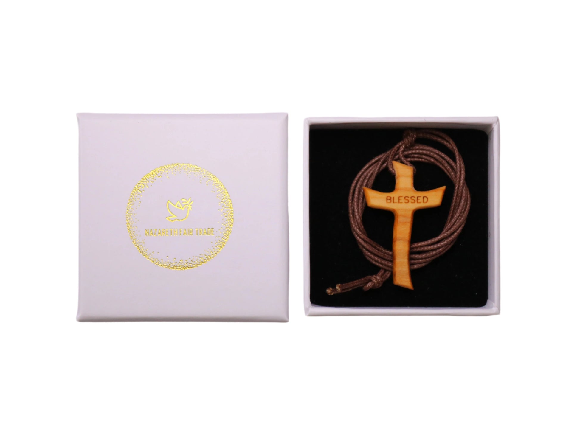 Olive Wood Blessed Cross Necklace In Gift Box