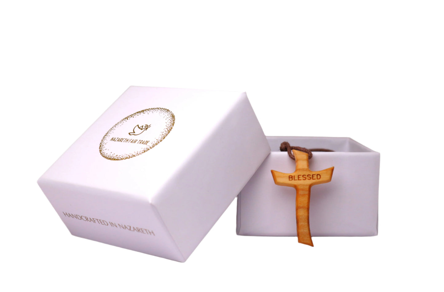 Olive Wood Blessed Cross Necklace Outside Gift Box