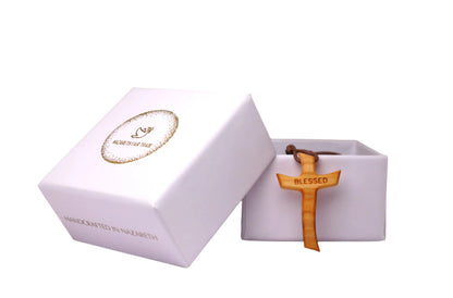 Olive Wood Blessed Cross Necklace Outside Gift Box