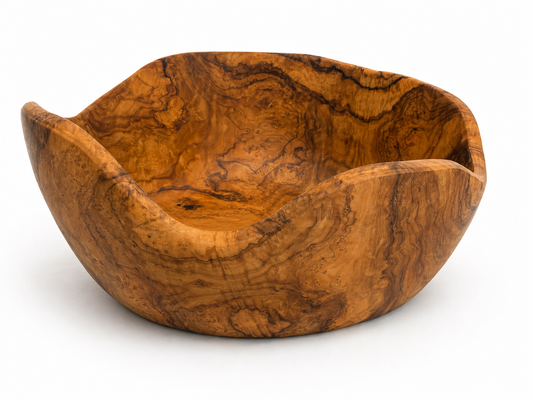 A handcrafted wooden bowl with a rich, wavy grain pattern in warm golden-brown and amber tones, photographed on a clean white background.