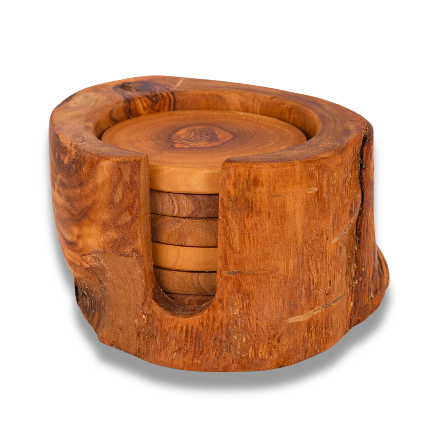 Wooden coaster set with holder on a white background