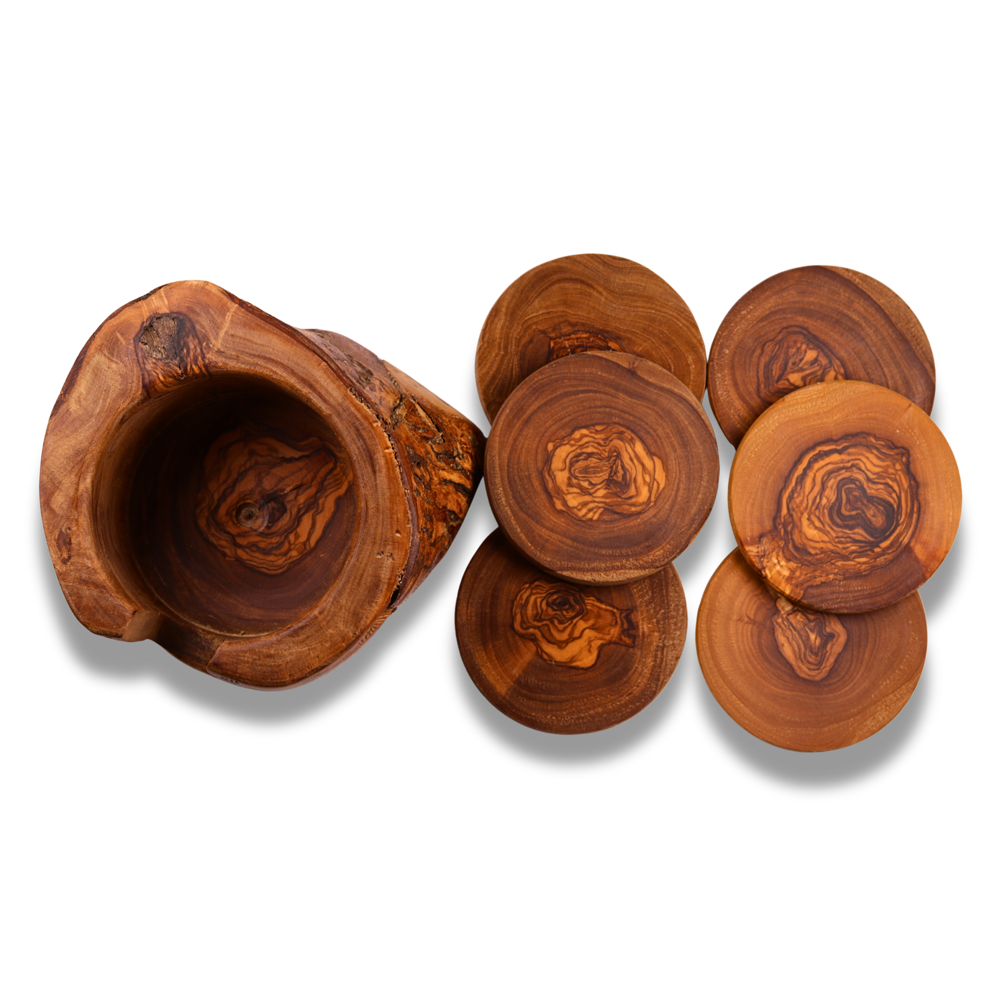 Wooden coaster set with a central holder on a white background