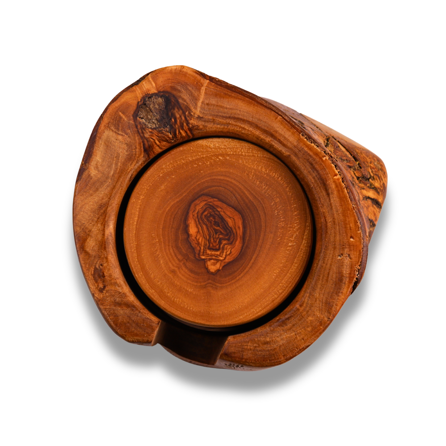 Wooden coaster with natural grain and texture on a white background