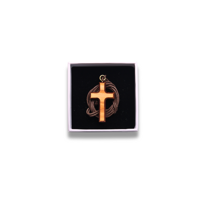 Olive wood cross with brown edges and cord