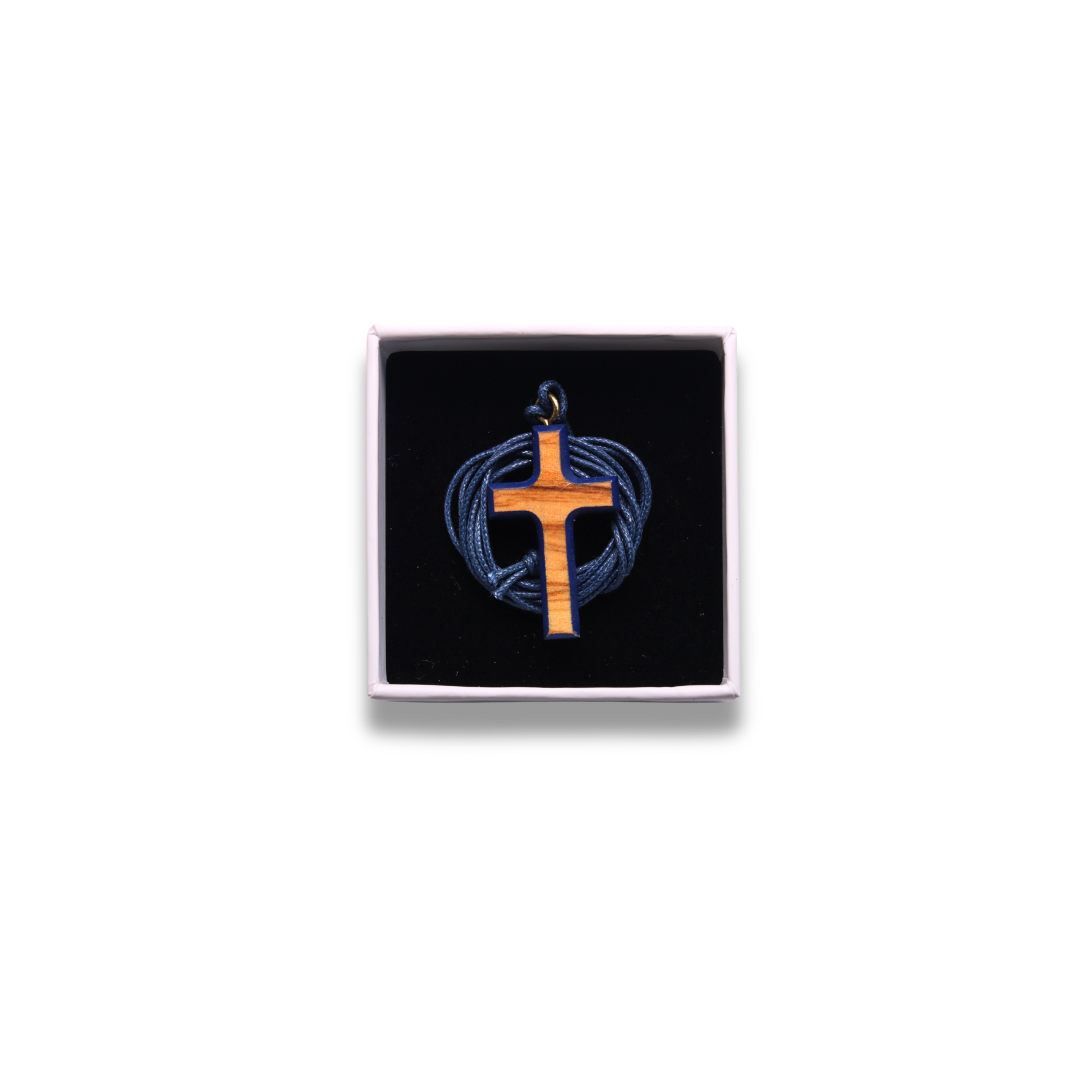 Olive wood cross with dark blue edges and cord