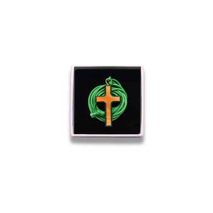 Olive wood cross with green edges and cord