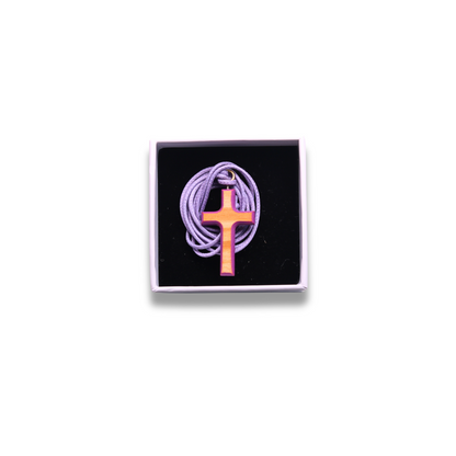 Olive wood cross with purple edges and cord