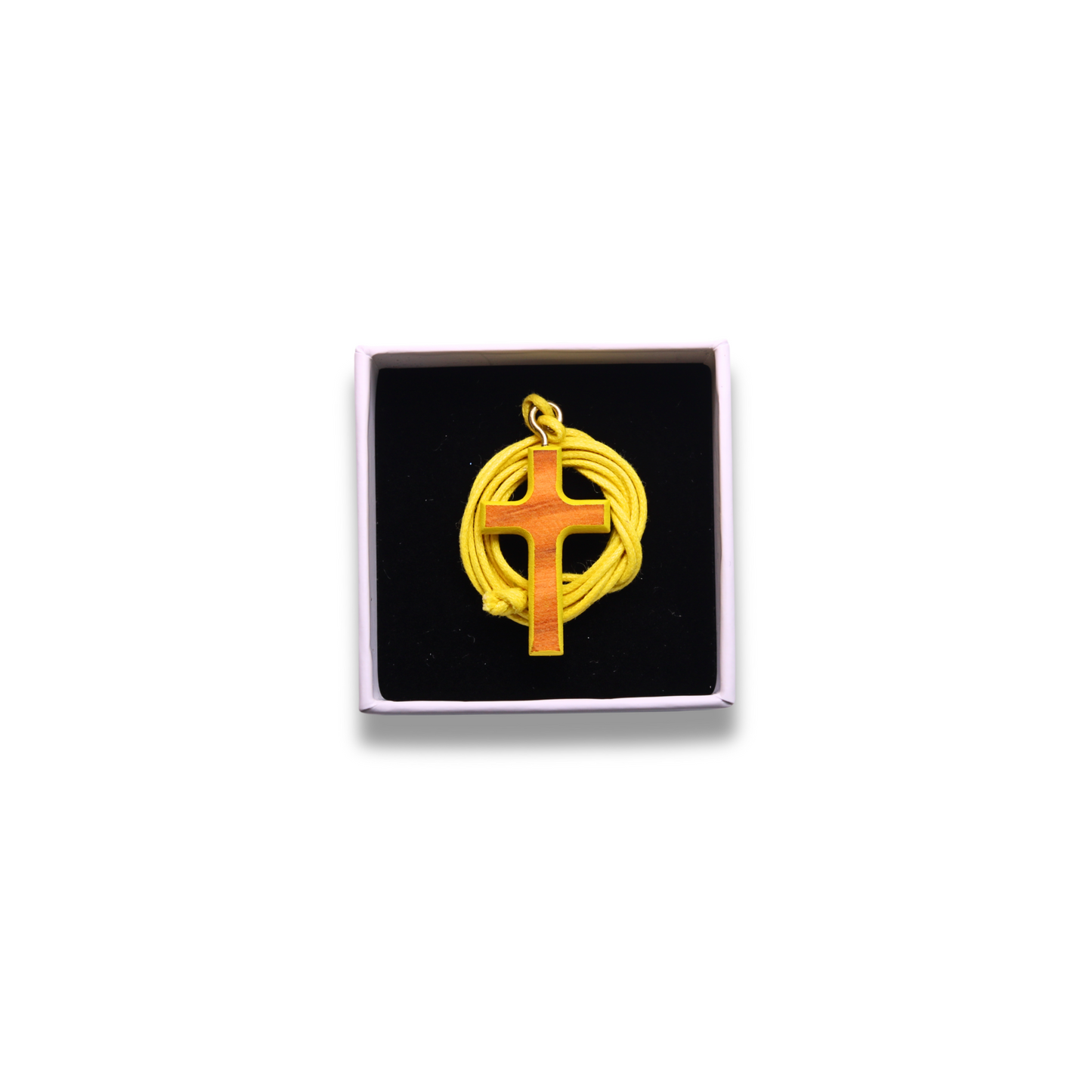 Olive wood cross with yellow edges and cord