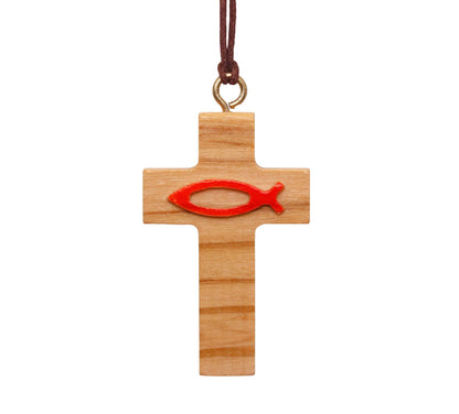 Olive Wood Cross & Red Ichthys Necklace Close Up
