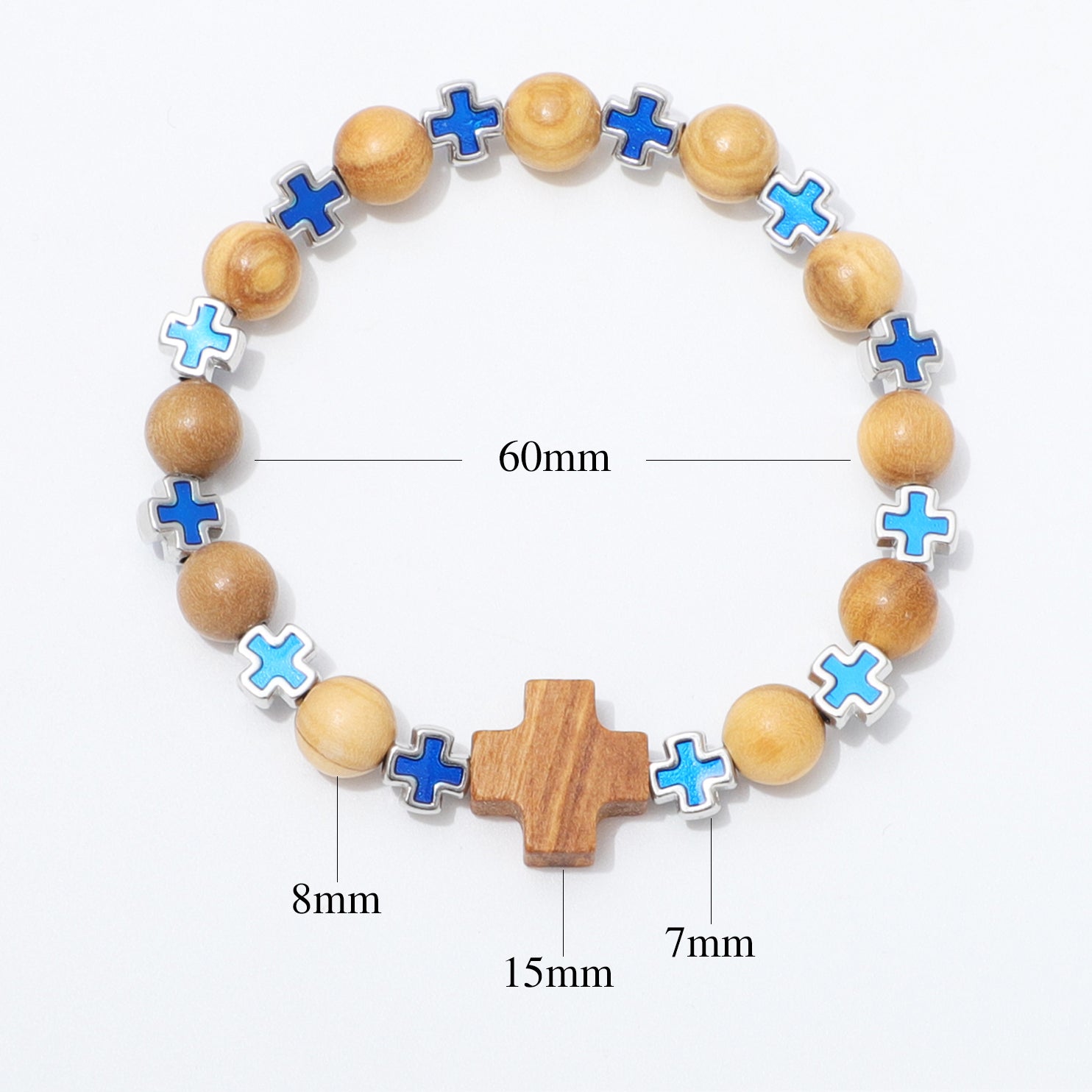 A wooden beaded bracelet with blue and light blue cross charms, shown on a white background with measurement labels indicating 60mm total length and individual bead sizes of 8mm, 15mm, and 7mm.