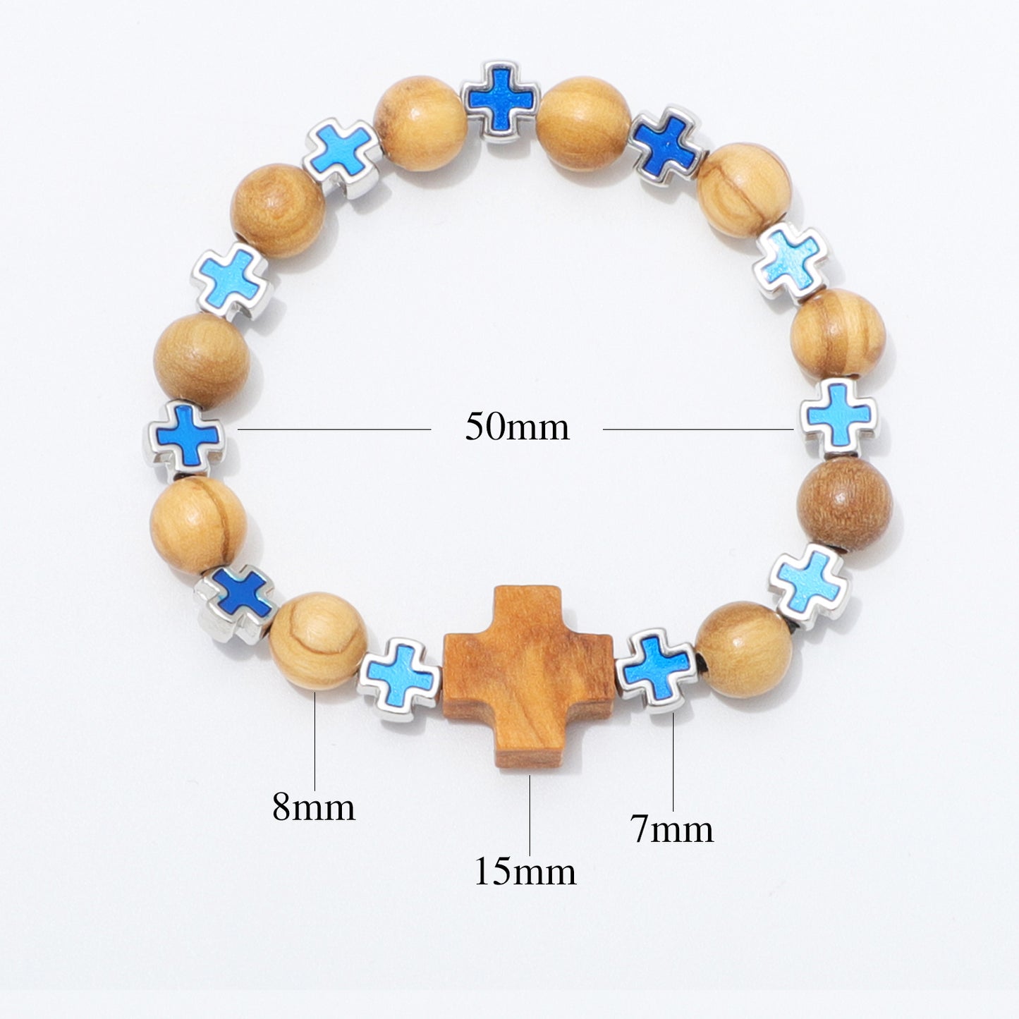 A wooden beaded bracelet with a central wooden cross, shown on a white background with measurement labels indicating 50mm total length and bead diameters of 8mm, 7mm, and 15mm.