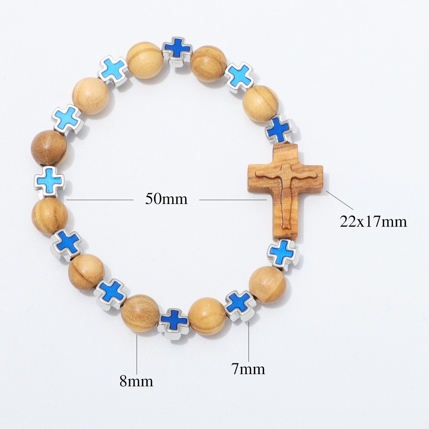 Wooden rosary-style beaded bracelet with a wooden crucifix, blue enamel crosses, and silver spacer beads, shown on a white background with measurement labels indicating 50mm length, 7mm bead width, 8mm spacer width, and 22x17mm crucifix dimensions.