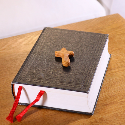 Olive Wood Pocket Prayer Holding Cross On Bible