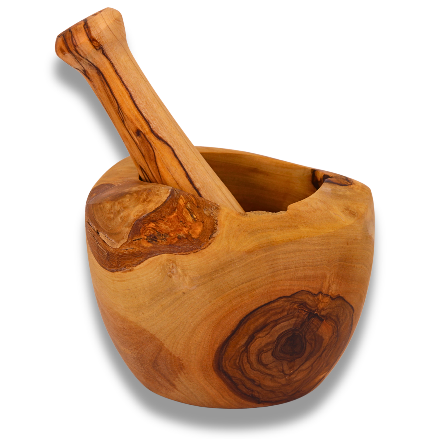 Wooden mortar and pestle on a white background