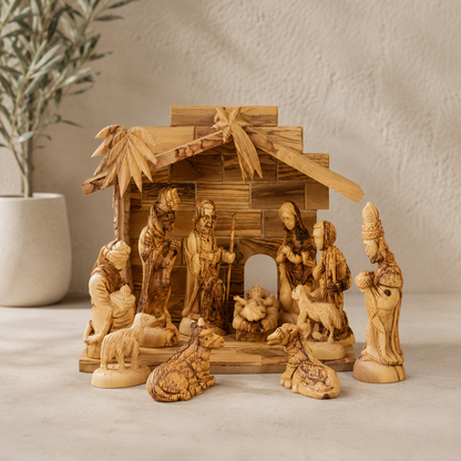 Hand-carved olive wood nativity scene with a stable, figures, and animals, displayed on a neutral surface with a potted plant in the background.