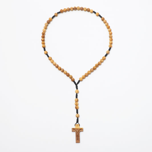 Full five-decade olive wood rosary with engraved beads and carved crucifix