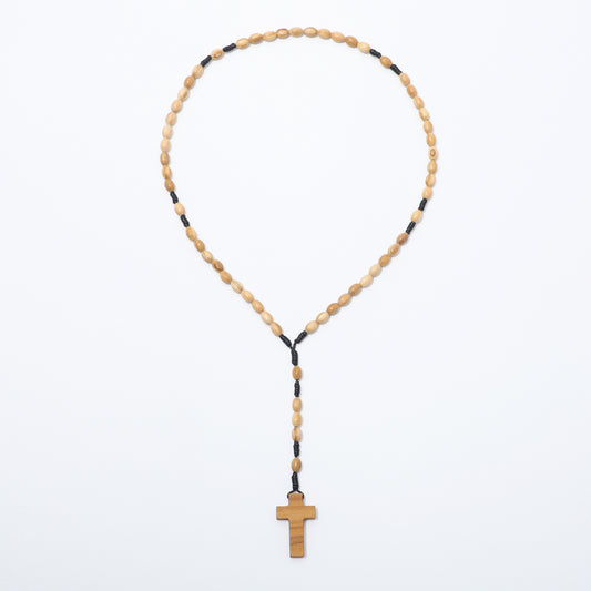 Full five-decade olive wood rosary with oval beads and wooden cross
