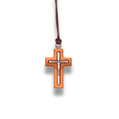 Puritas Crucifix Olive Wood Necklace Close Up
