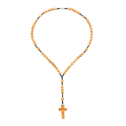 Olive Wood Rosary Necklace on White Background - 10mm beads