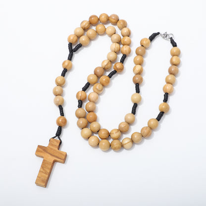 Olive Wood Rosary Necklace on White Background - 10mm beads