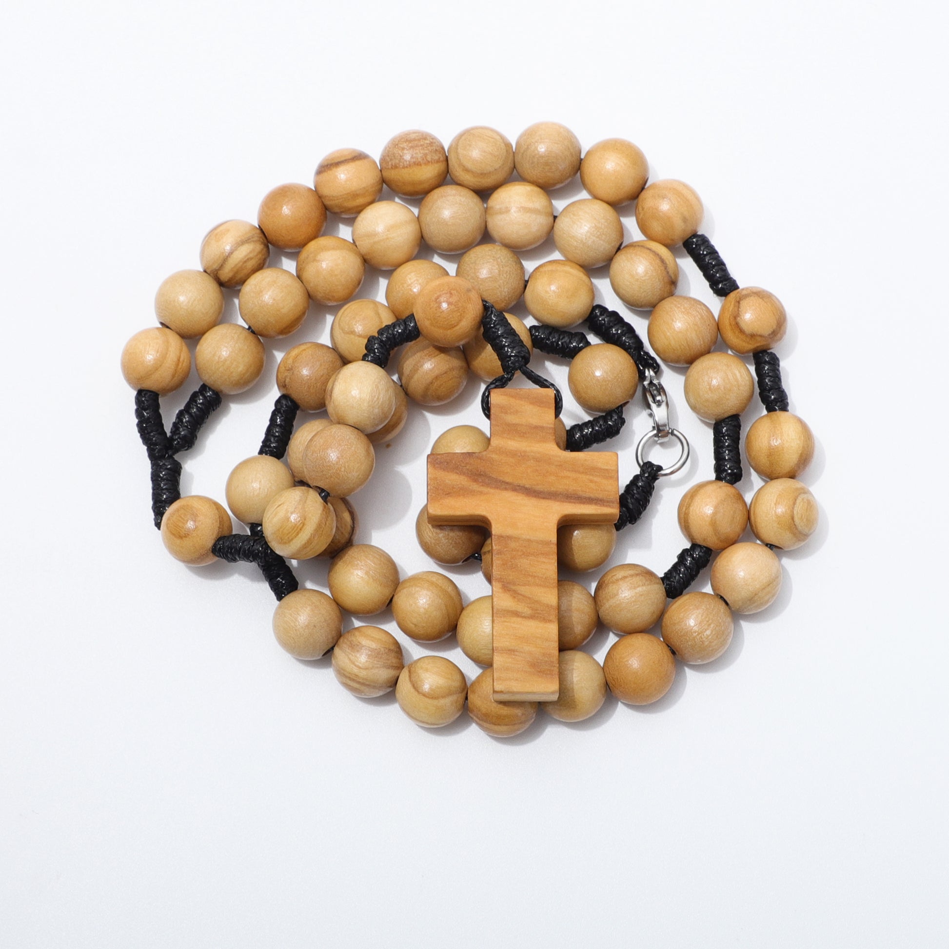 Olive Wood Rosary Necklace on White Background - 10mm beads