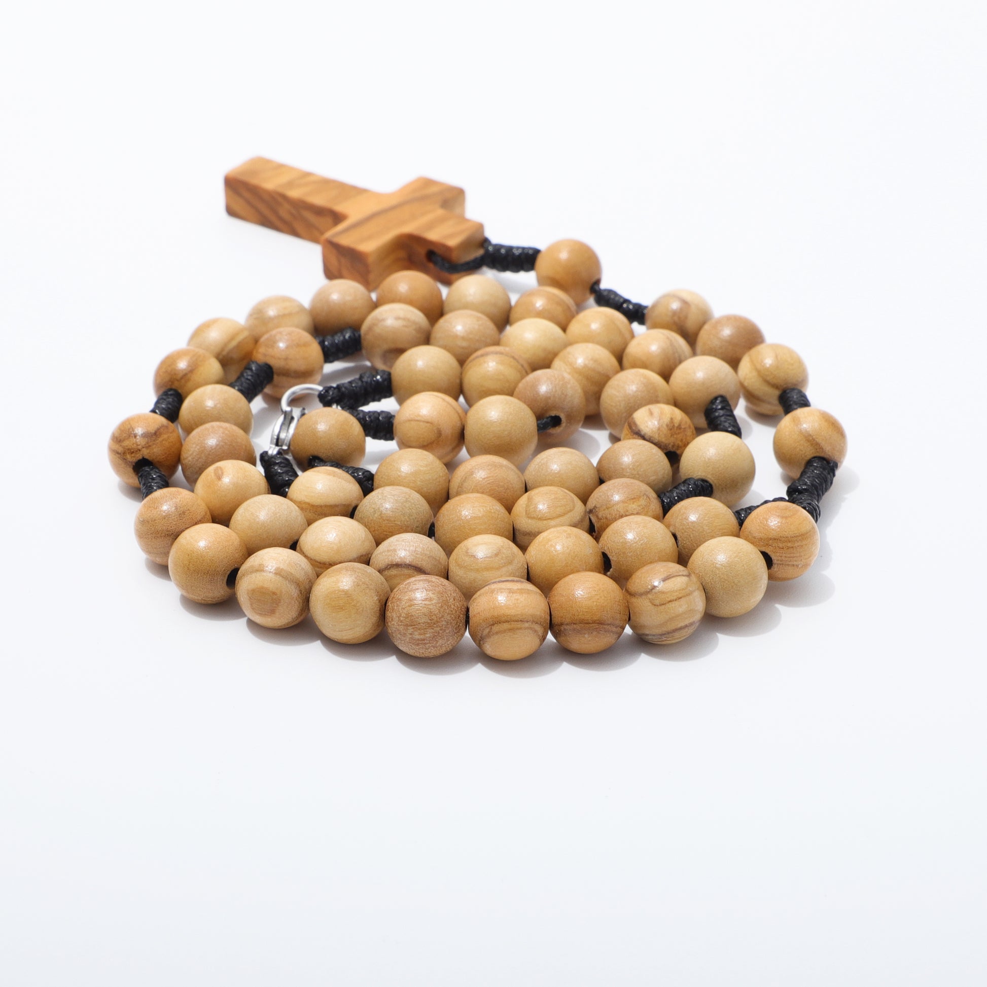 Olive Wood Rosary Necklace on White Background - 10mm beads