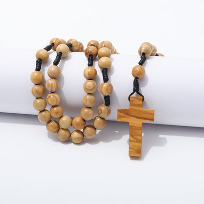 Olive Wood Rosary Necklace on White Background - 10mm beads