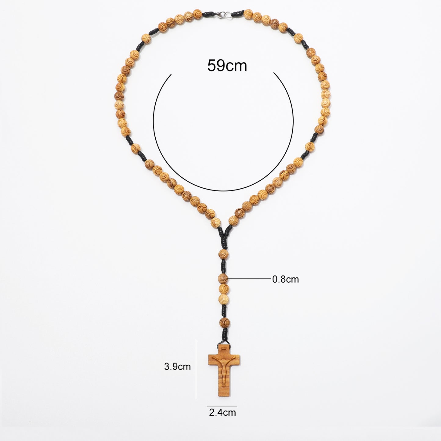 Wooden bead rosary necklace with a wooden crucifix pendant, shown with dimension labels